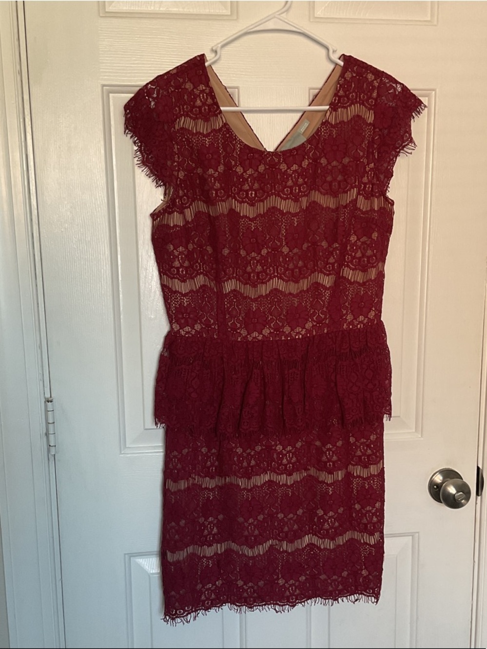 Anthropologie Maeve Burgundy Lace Midi Dress with Peplum